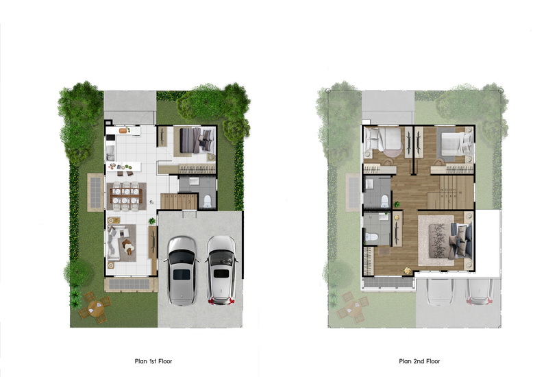 บ้านแบบแรก Emma บ้านแฝด 2 ชั้น ฟังก์ชันบ้าน 4 ห้องนอน 3 ห้องน้ำ 2 ที่จอดรถ พื้นที่ใช้สอย 152 ตร.ม. บนขนาดที่ดินตั้งแต่ 35.7-44 ตร.วา